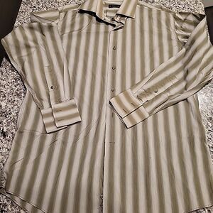 J.Ferrar Men's Olive Green Striped Dress Shirt Size  16.5 34-35